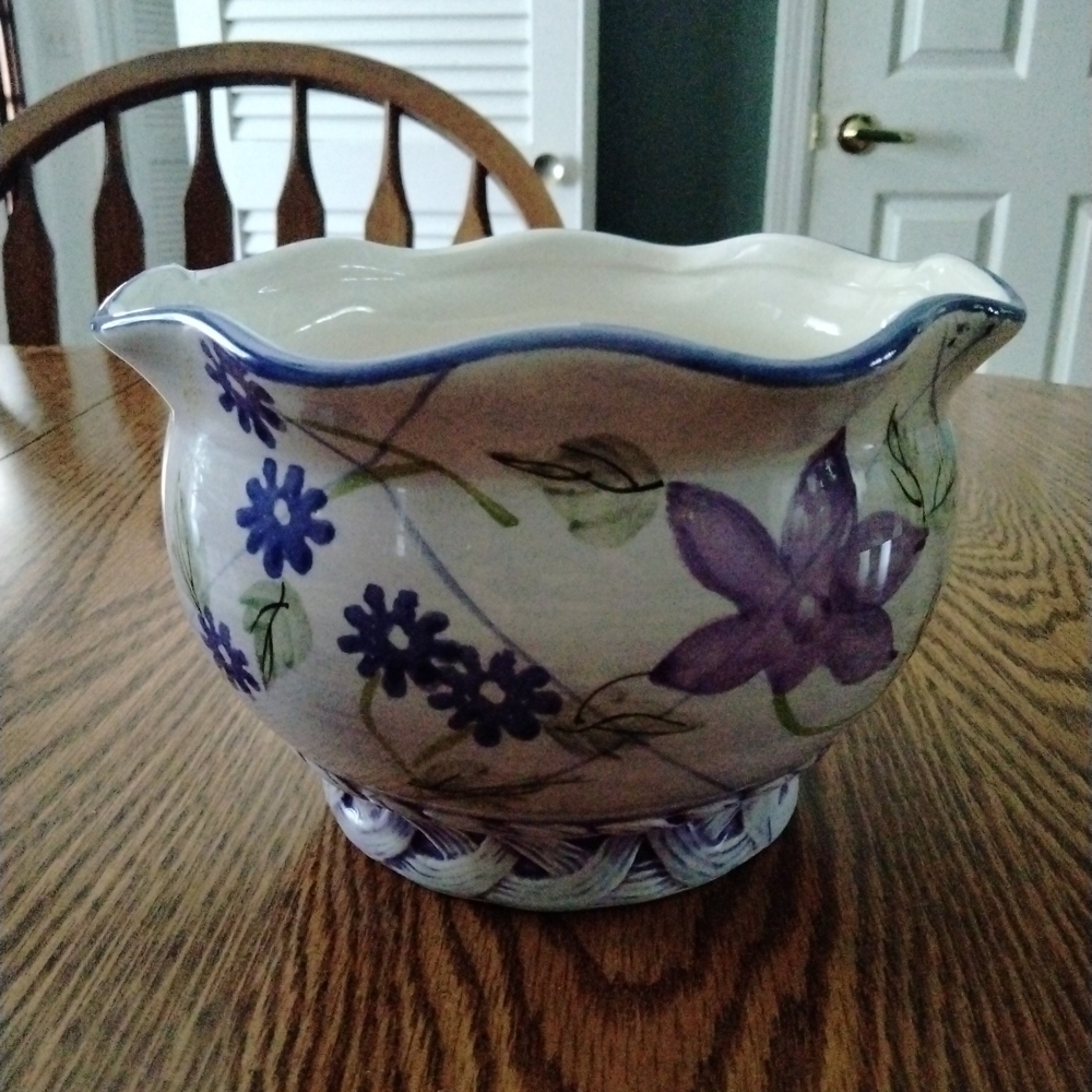 Floral Ceramic Bowl with Purple Accents